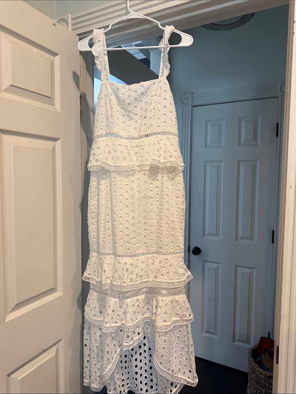 White Eyelet High-Low Sundress with Ruffle Tiers - Women Dresses